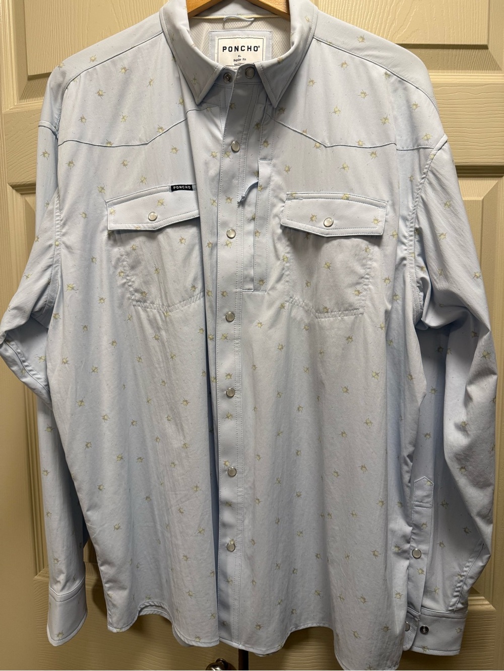 PONCHO Men’s Western Performance Snap Pearl Button Light Blue Print Shirt XL